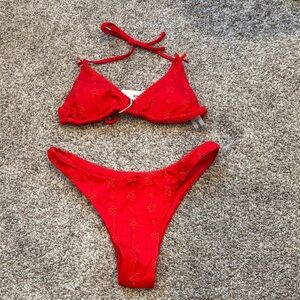 Red Embroidered Triangle Bikini Set